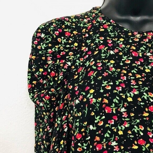 AFRM Top Garden Floral Blouse Puffed Drape Sleeve Black Viscose Zip, M - Picture 12 of 16